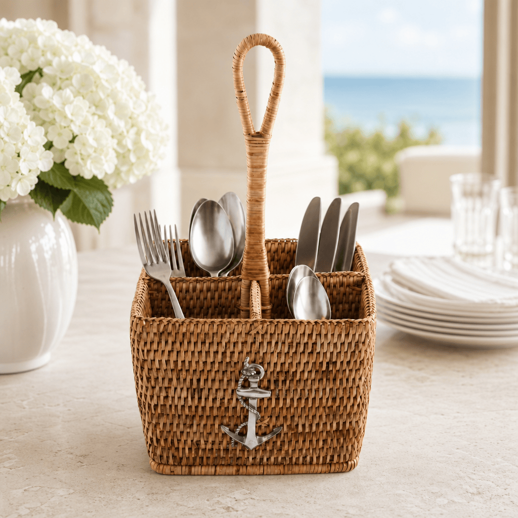 Anchor Hand Woven Wicker Rattan Flatware Caddy