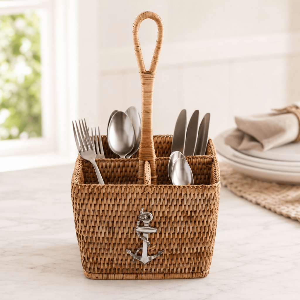 Anchor Hand Woven Wicker Rattan Flatware Caddy