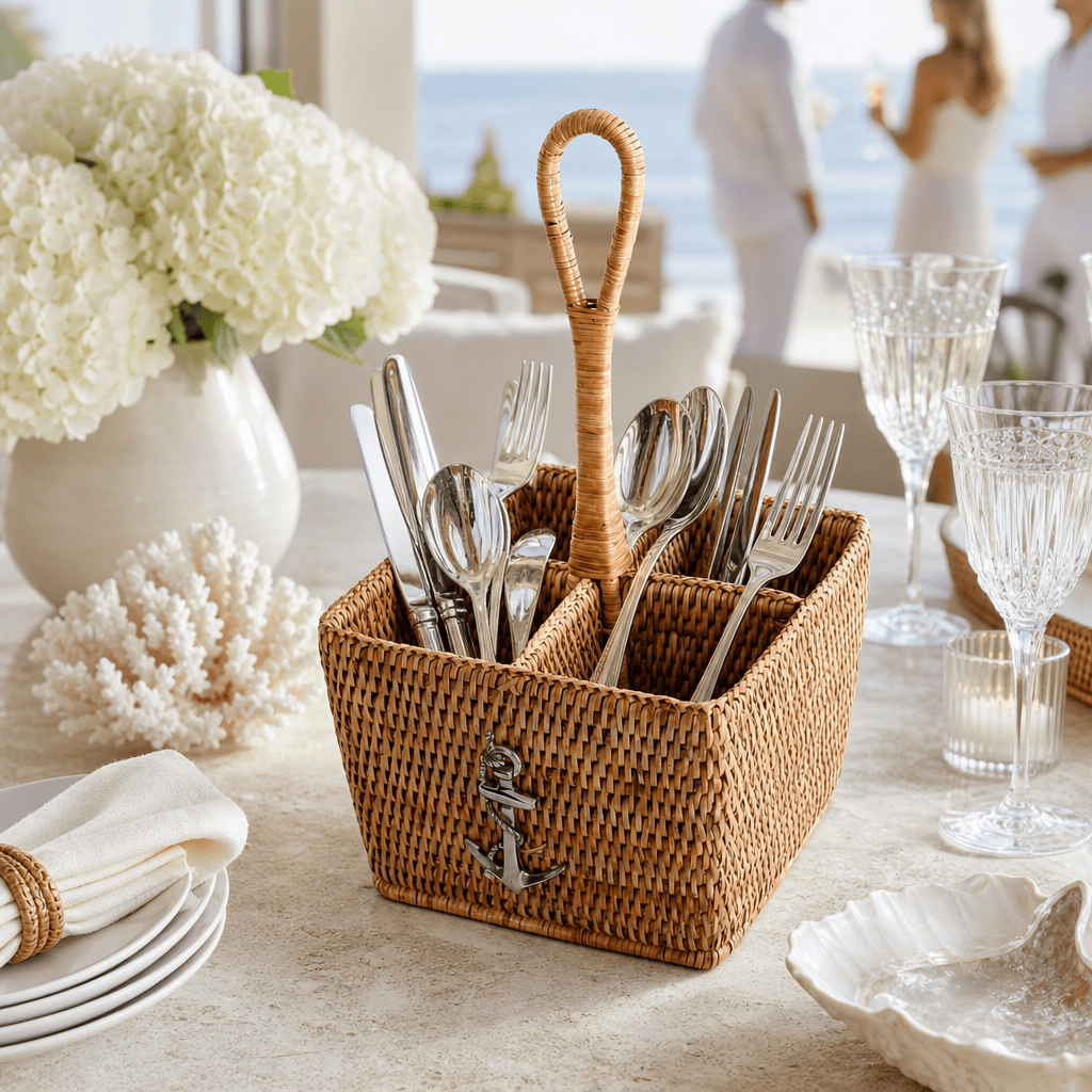 Anchor Hand Woven Wicker Rattan Flatware Caddy