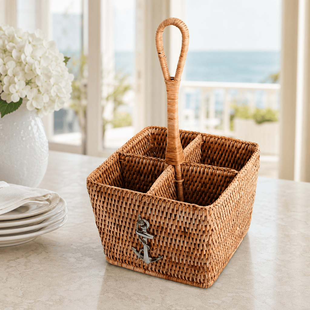 Anchor Hand Woven Wicker Rattan Flatware Caddy