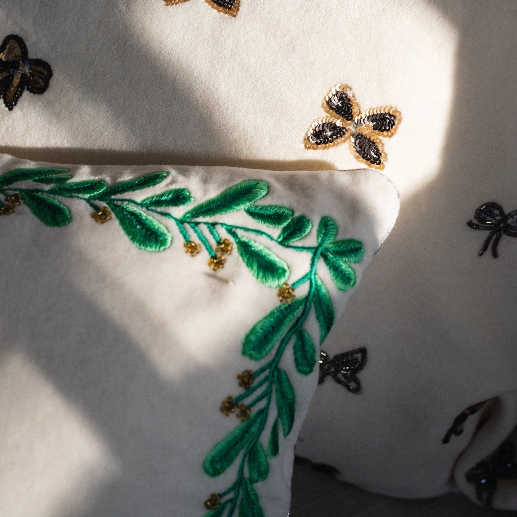 Embroidered border mistletoe pillow, cream cotton velvet