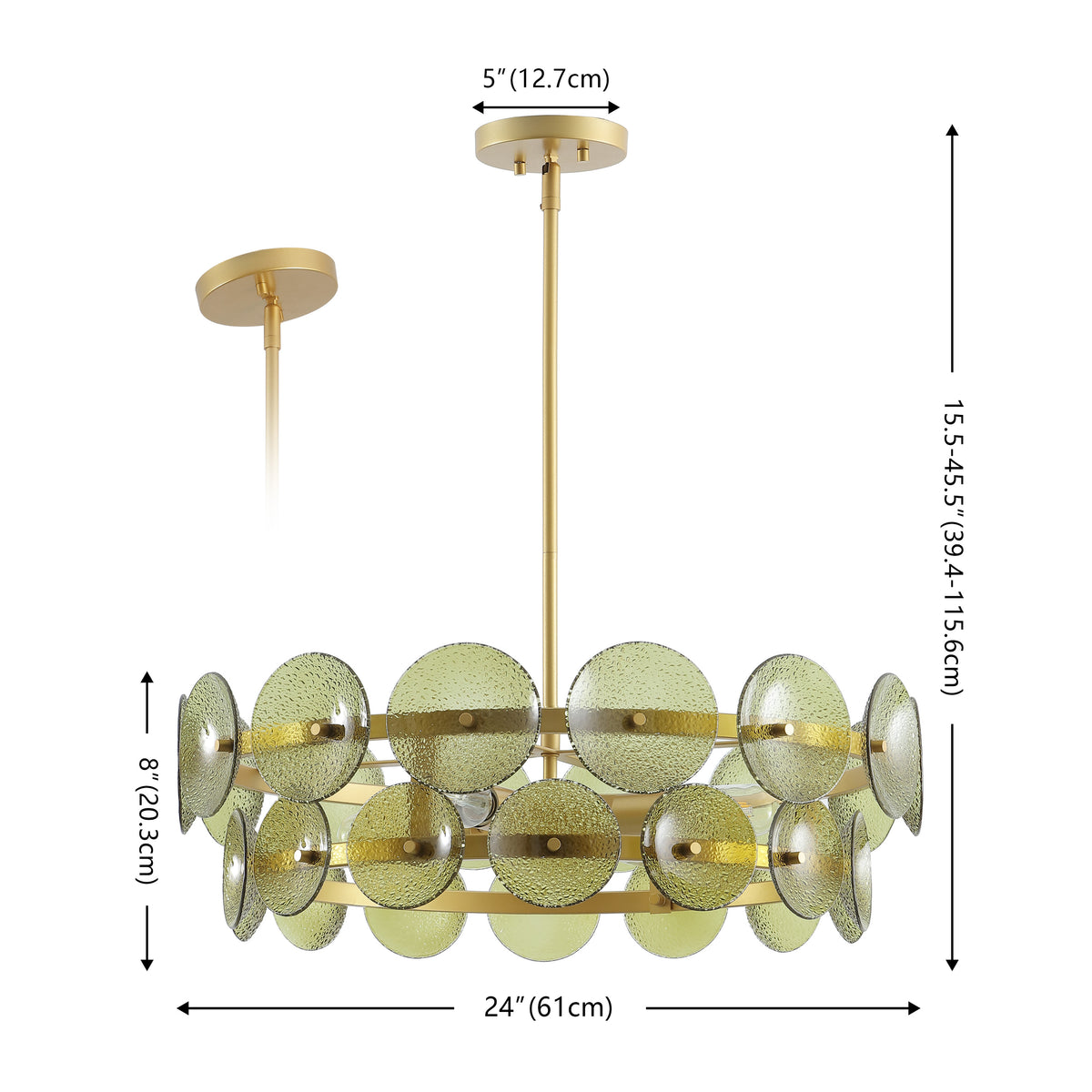 Martini Glass and Metal Chandelier in Green and Brass — 24″, 4-Light