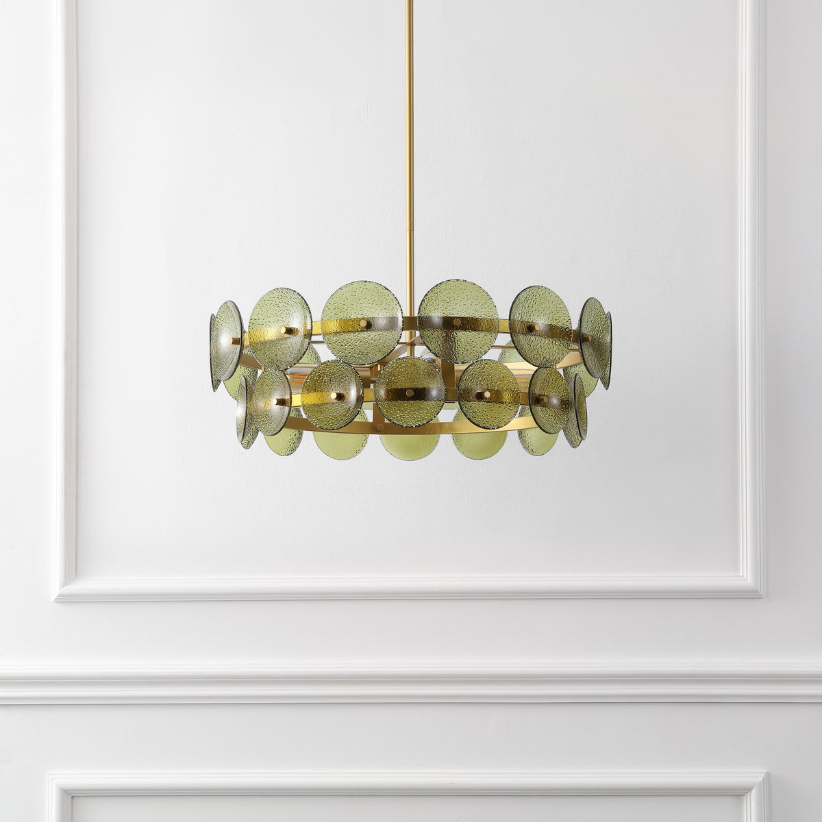 Martini Glass and Metal Chandelier in Green and Brass — 24″, 4-Light
