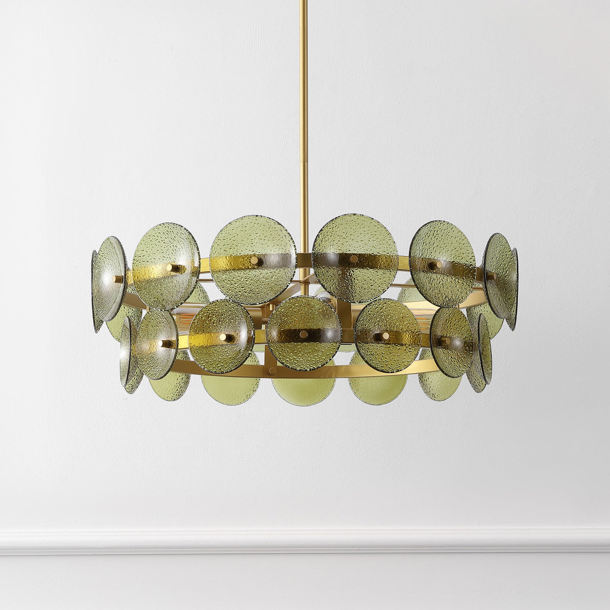 Martini Glass and Metal Chandelier in Green and Brass — 24″, 4-Light