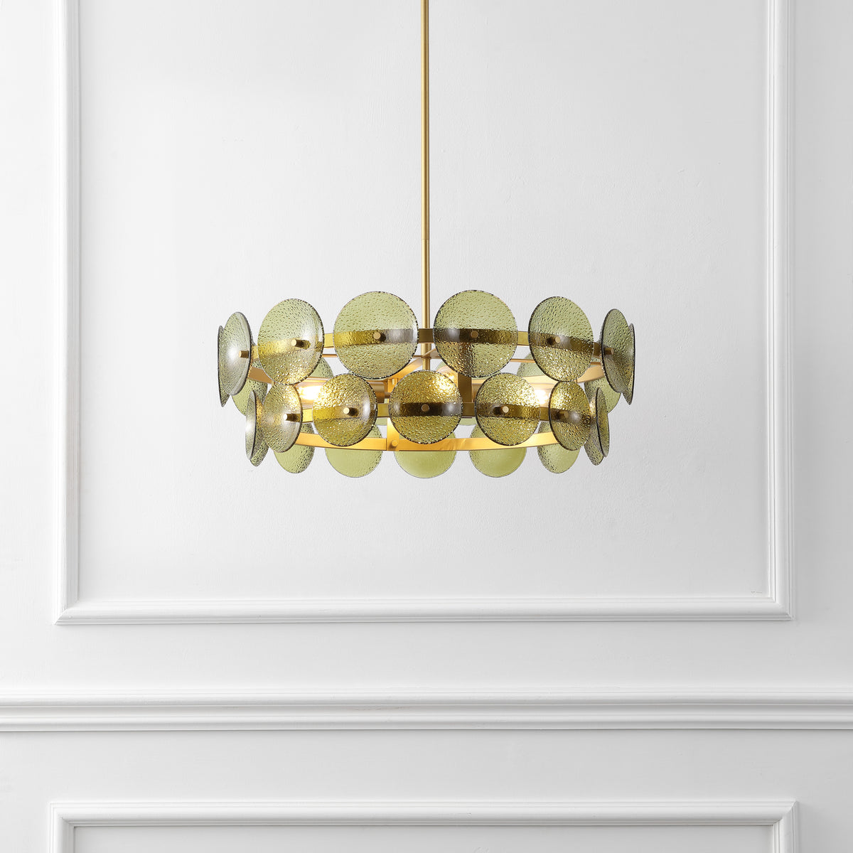 Martini Glass and Metal Chandelier in Green and Brass — 24″, 4-Light