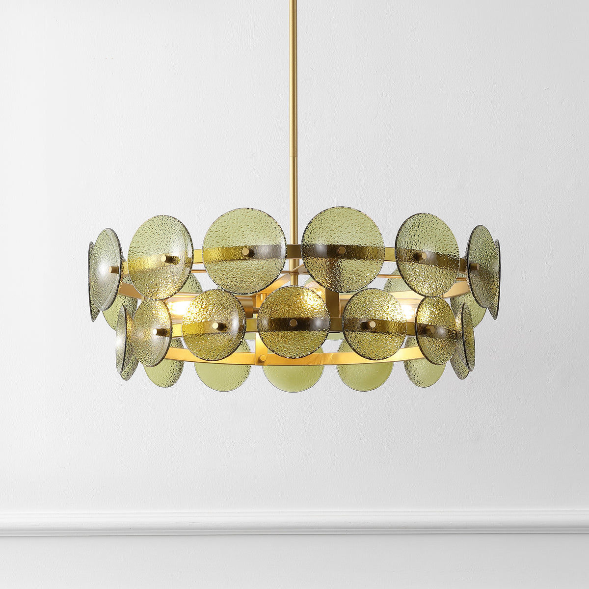 Martini Glass and Metal Chandelier in Green and Brass — 24″, 4-Light