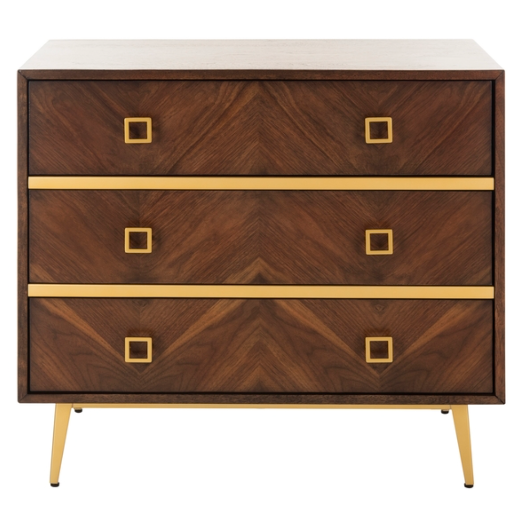 Katia 3 Drawer Wood Chest in Walnut with Gold Knob