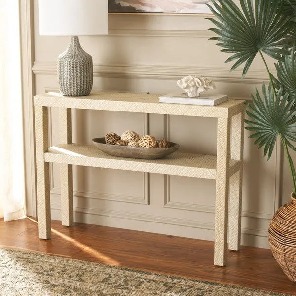 Apis Raffia Wood Console Table in Natural with Shelves
