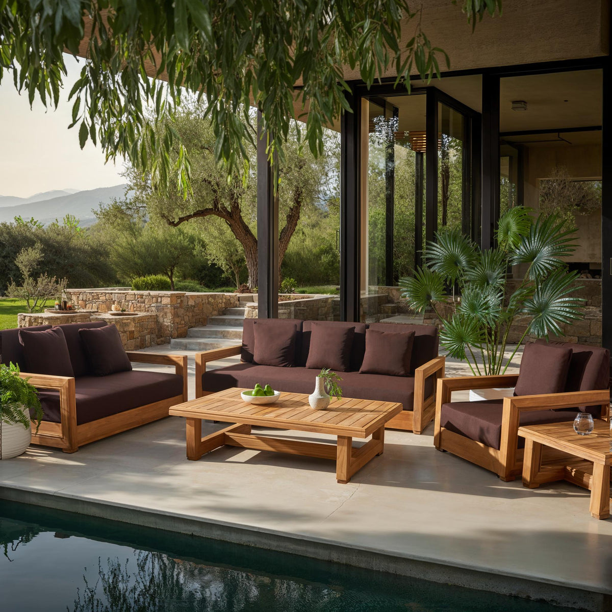 Montford Brazilian Teak 3 Seater Sofa in Natural Teak and Dark Brown