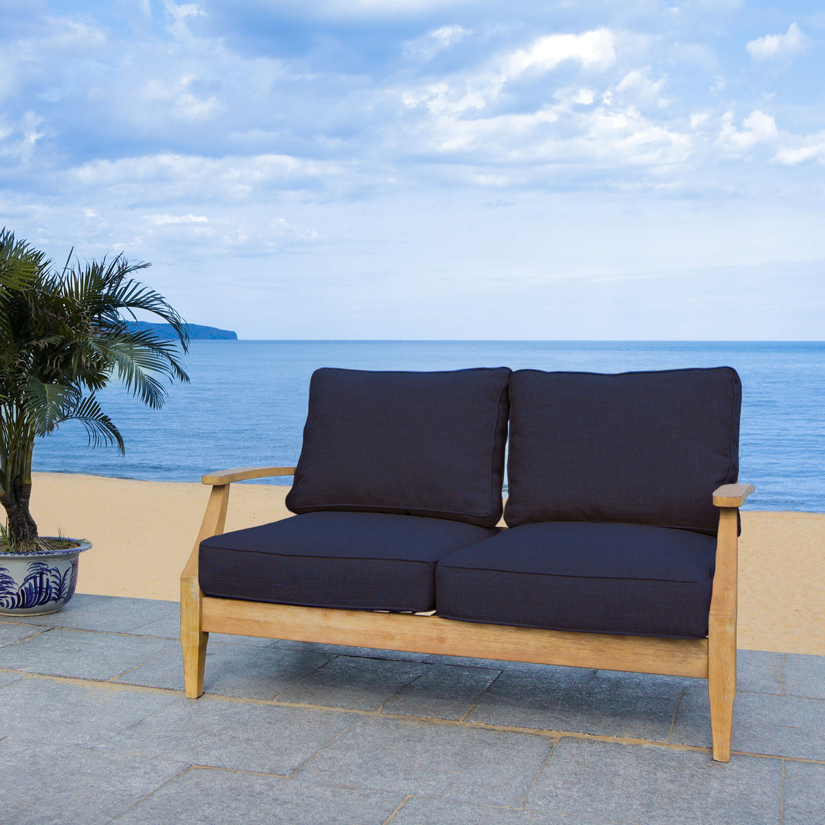 Martinique Eucalyptus Wood Patio Loveseat in Natural and Navy