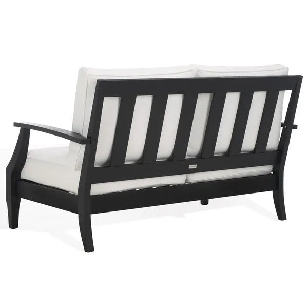 Martinique Wood Patio Loveseat in Black/White with Upholstered Cushion