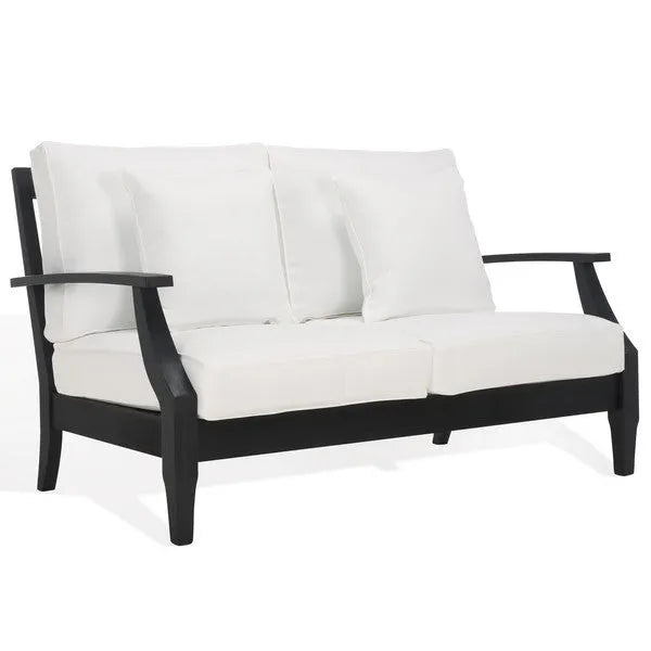 Martinique Wood Patio Loveseat in Black/White with Upholstered Cushion