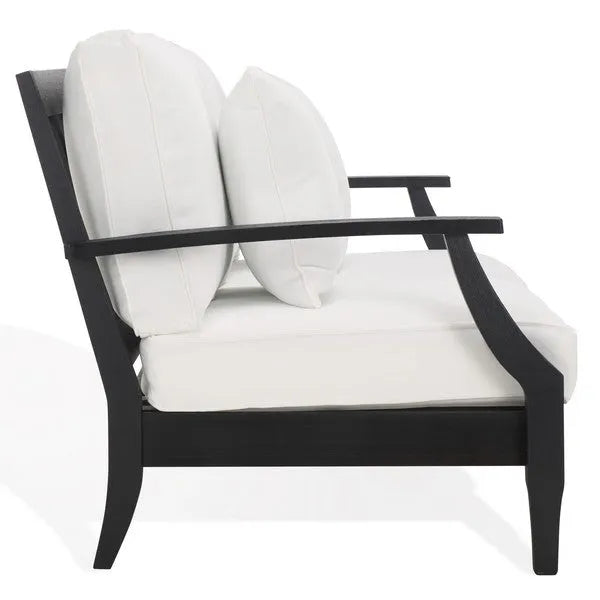 Martinique Wood Patio Loveseat in Black/White with Upholstered Cushion