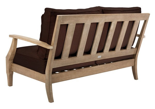 Martinique Wood Patio Loveseat in Natural with Dark Brown Cushion