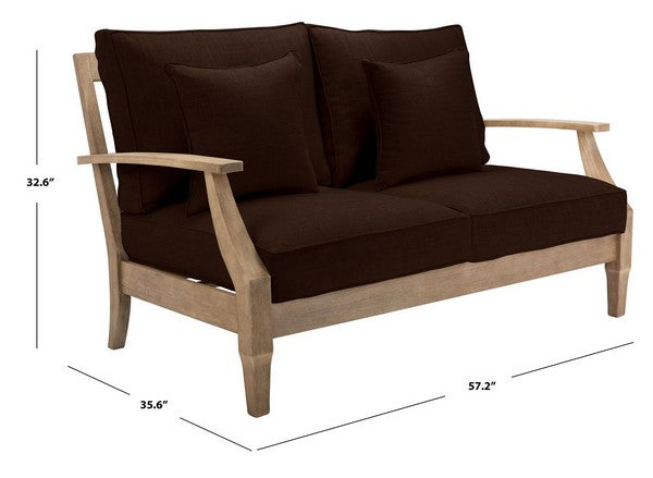 Martinique Wood Patio Loveseat in Natural with Dark Brown Cushion