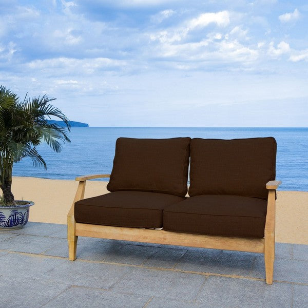 Martinique Wood Patio Loveseat in Natural with Dark Brown Cushion