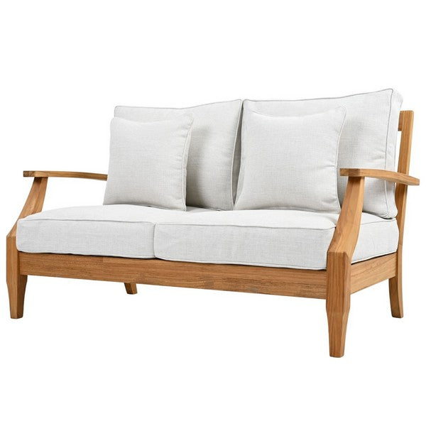 Martinique Teakwood Patio Loveseat in Natural Teak with White Cushion