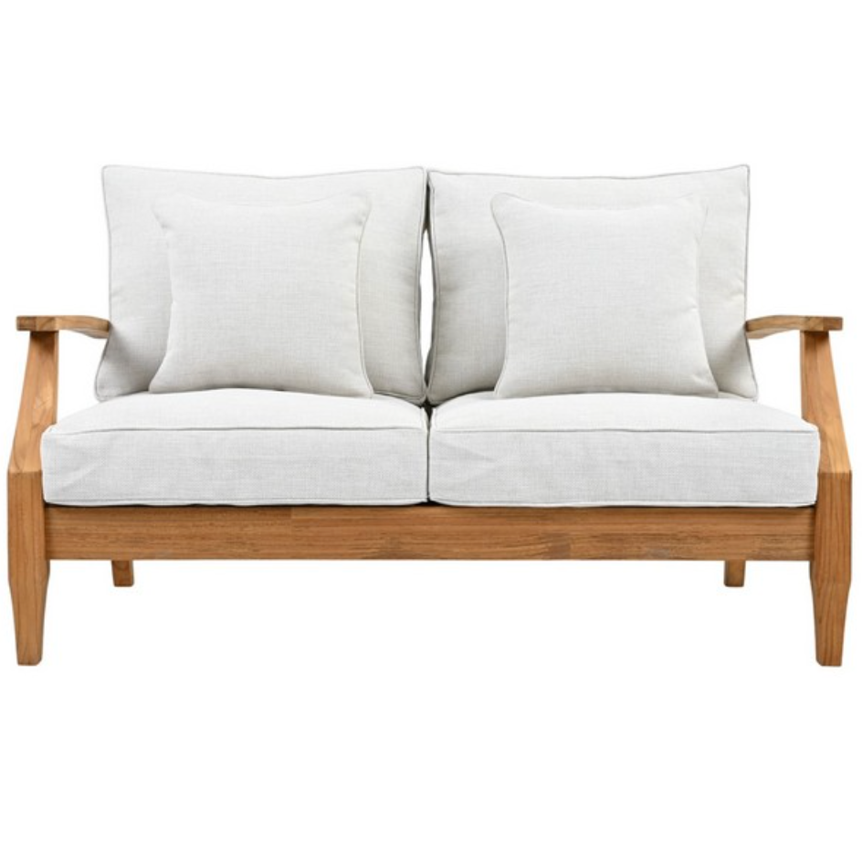 Martinique Teakwood Patio Loveseat in Natural Teak with White Cushion