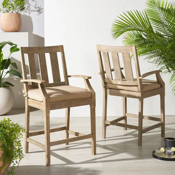 San Salvador Wood Patio Counter Stools in Brown with Cushion (Set of 2)