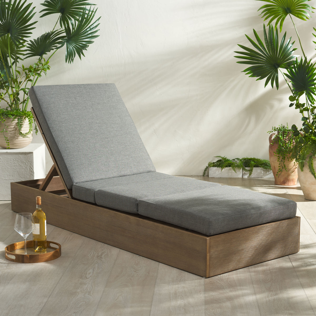 Vincent Eucalyptus Wood Chaise Lounge Chair in Natural and Dark Gray
