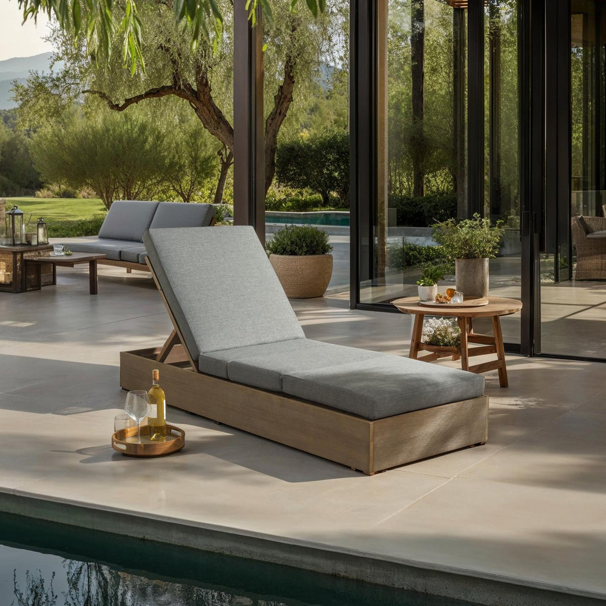 Vincent Eucalyptus Wood Chaise Lounge Chair in Natural and Dark Gray