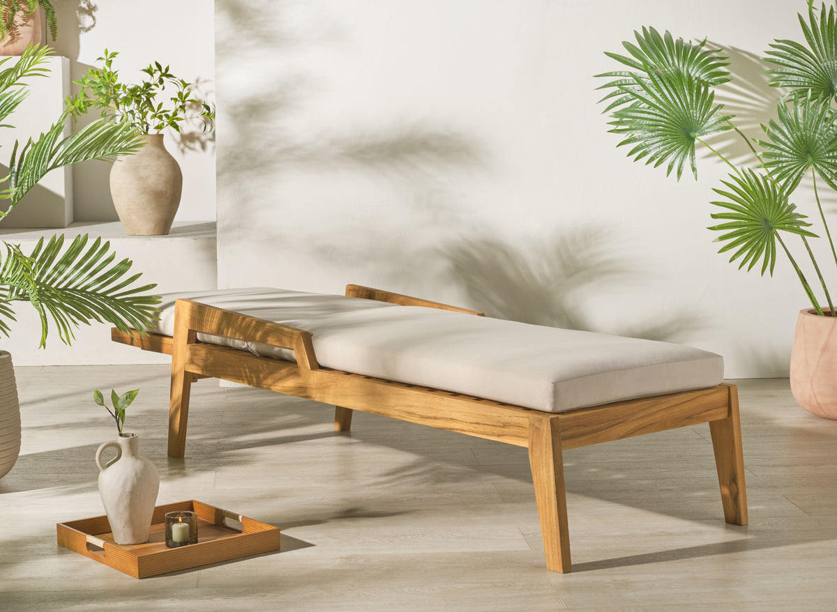 Caledonia Brazilian Teak Chaise Lounge in Natural and White