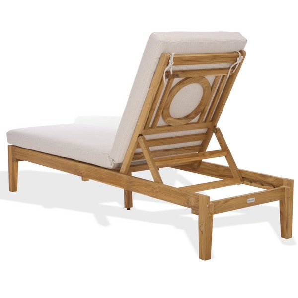Montclair Wood Patio Chaise Lounge in Natural with Beige Cushion