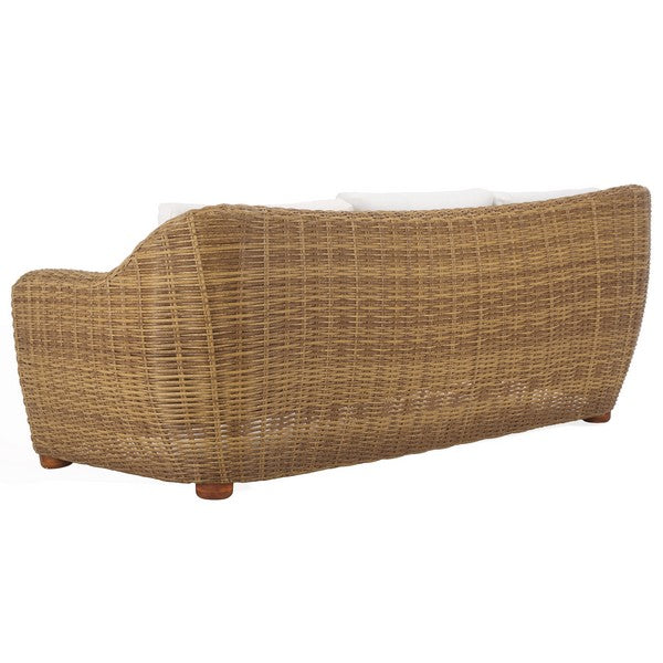 Melbourne Wicker Patio Sofa in Natural with White Cushion