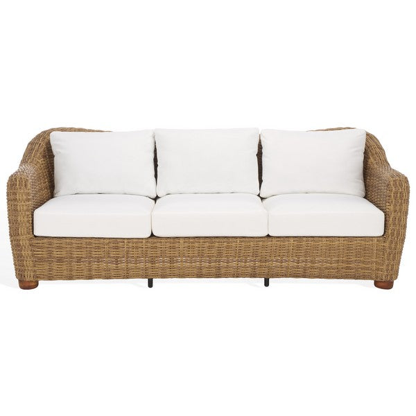 Melbourne Wicker Patio Sofa in Natural with White Cushion