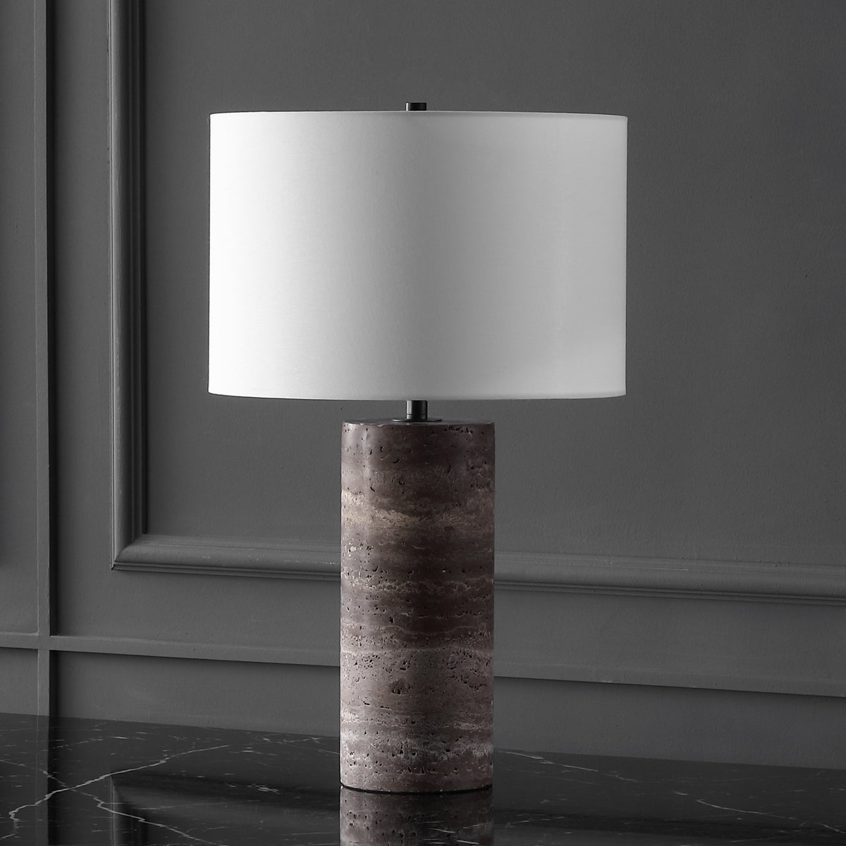 Rynetta Travertine Table Lamp in Dark Brown and White
