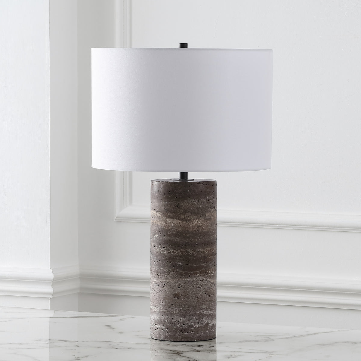 Rynetta Travertine Table Lamp in Dark Brown and White