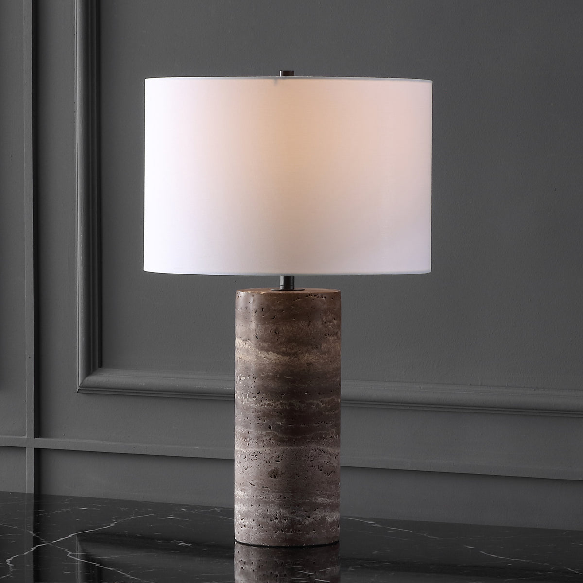 Rynetta Travertine Table Lamp in Dark Brown and White