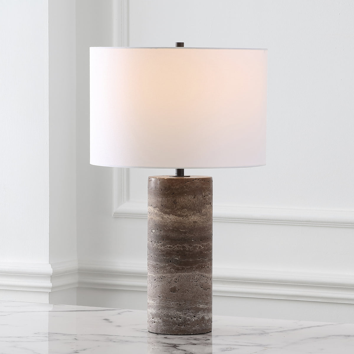 Rynetta Travertine Table Lamp in Dark Brown and White