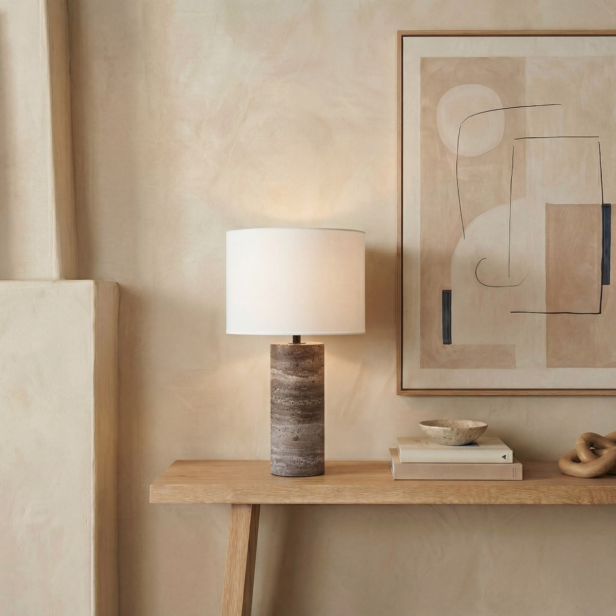 Rynetta Travertine Table Lamp in Dark Brown and White