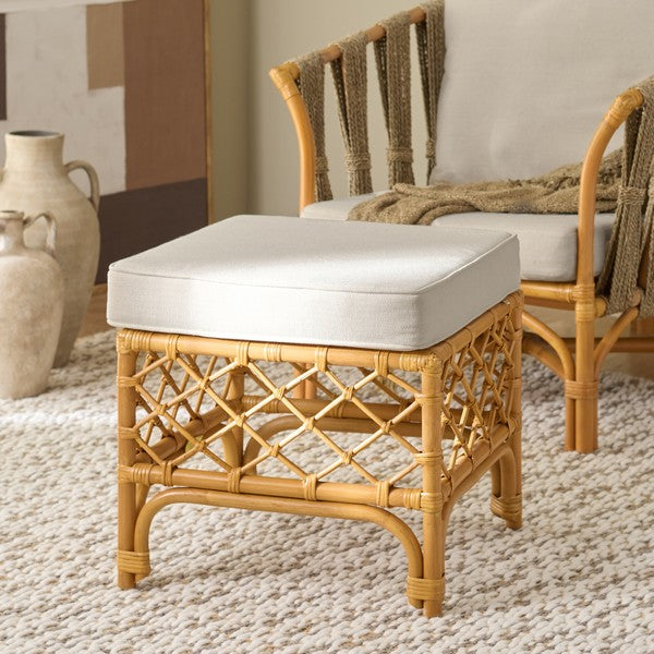 Cherilynn Rattan Pole Ottoman in Natural with White Cushion