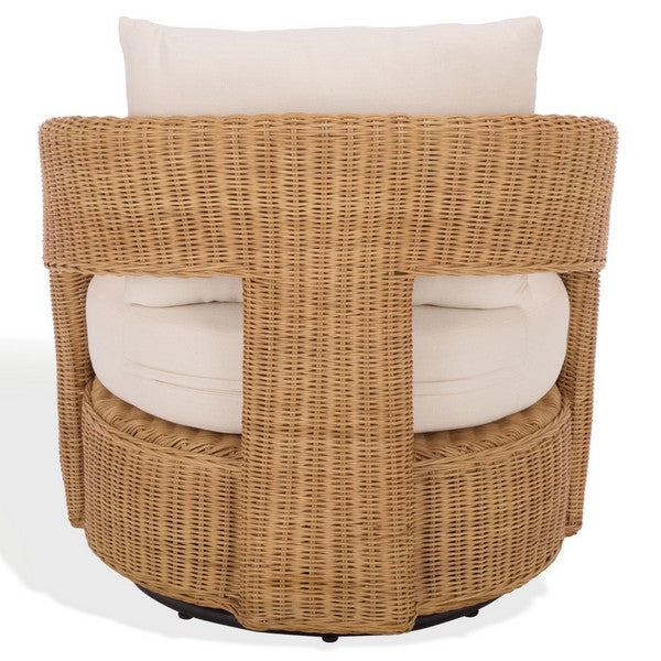Leanna Rattan Swivel Accent Chair in Natural with White Cushion