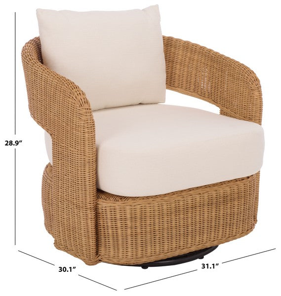 Leanna Rattan Swivel Accent Chair in Natural with White Cushion
