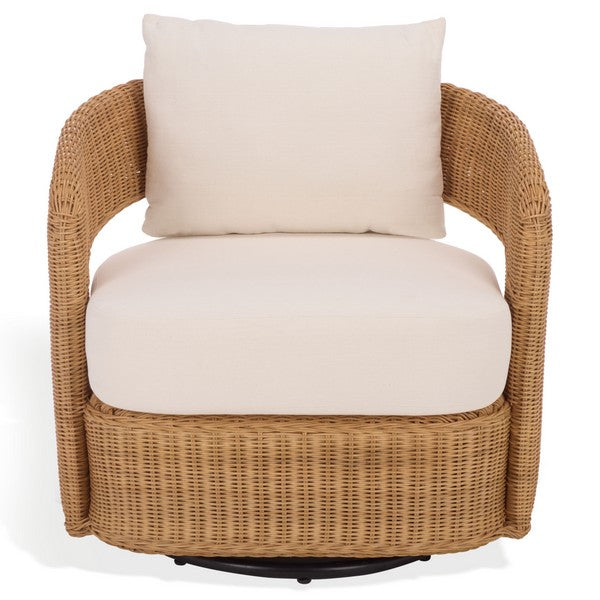 Leanna Rattan Swivel Accent Chair in Natural with White Cushion