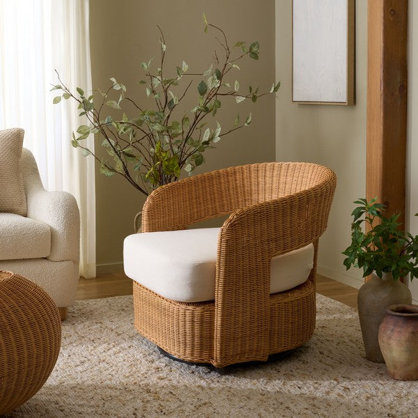 Leanna Rattan Swivel Accent Chair in Natural with White Cushion