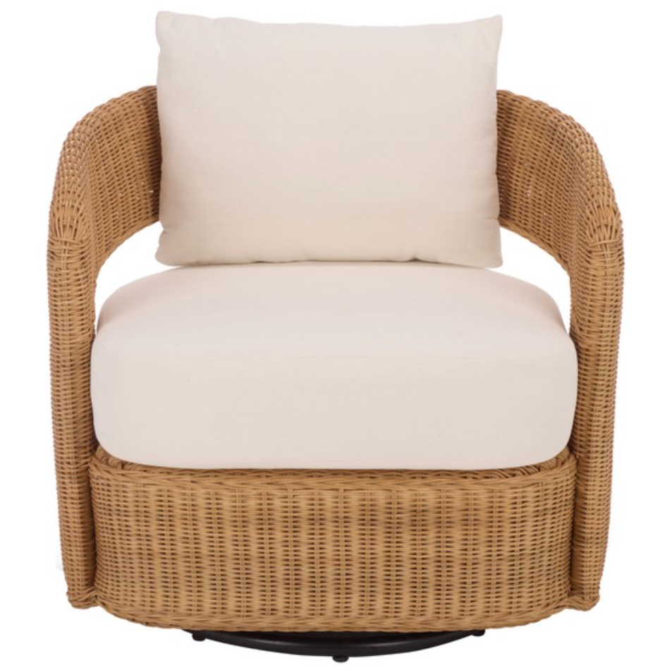 Leanna Rattan Swivel Accent Chair in Natural with White Cushion