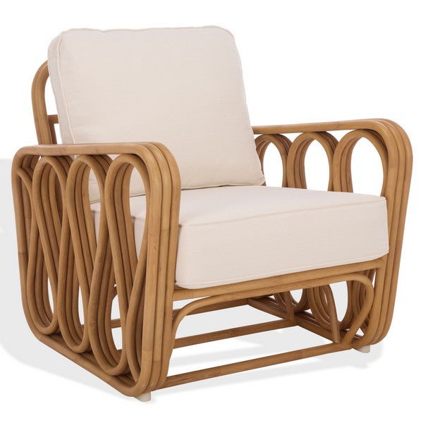 Malina Rattan Pole Accent Chair in Natural with White Cushion