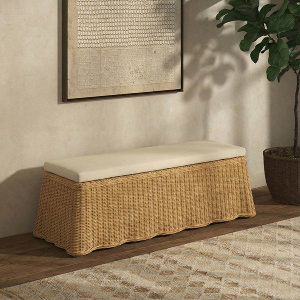 Hylda Rattan Bench in Natural with White Cushion