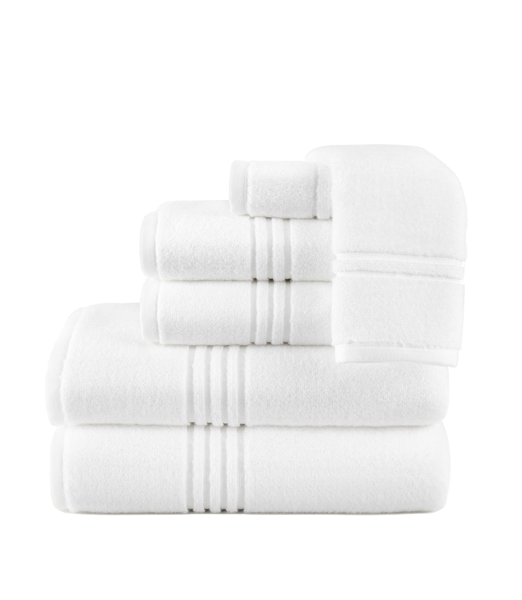 Set of white towels with stripes on a white background