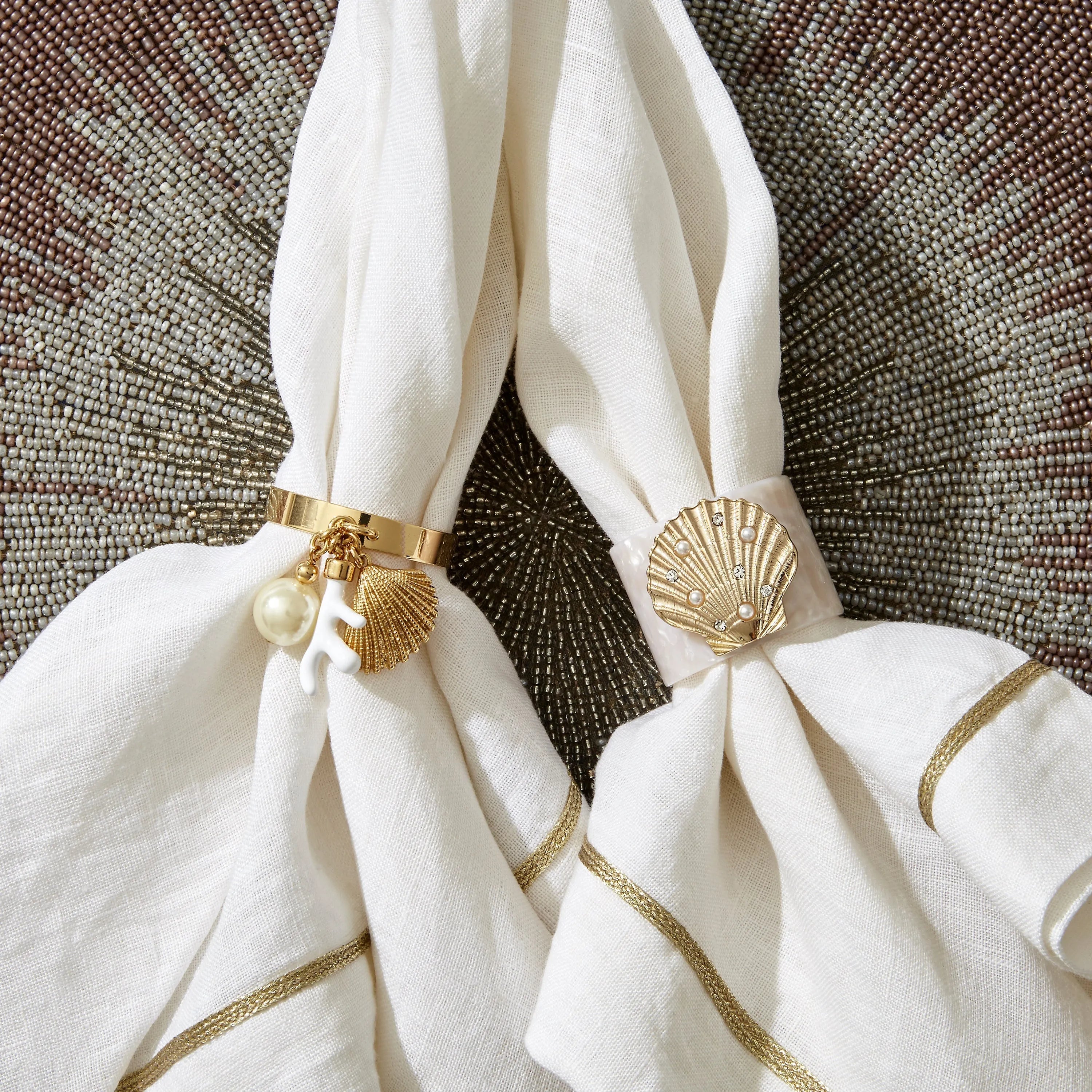 Gold trim linen dinner napkins, white, set of two
