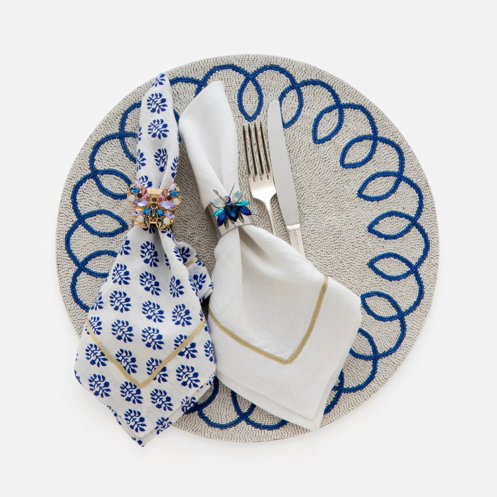 Gold trim linen dinner napkins, white, set of two