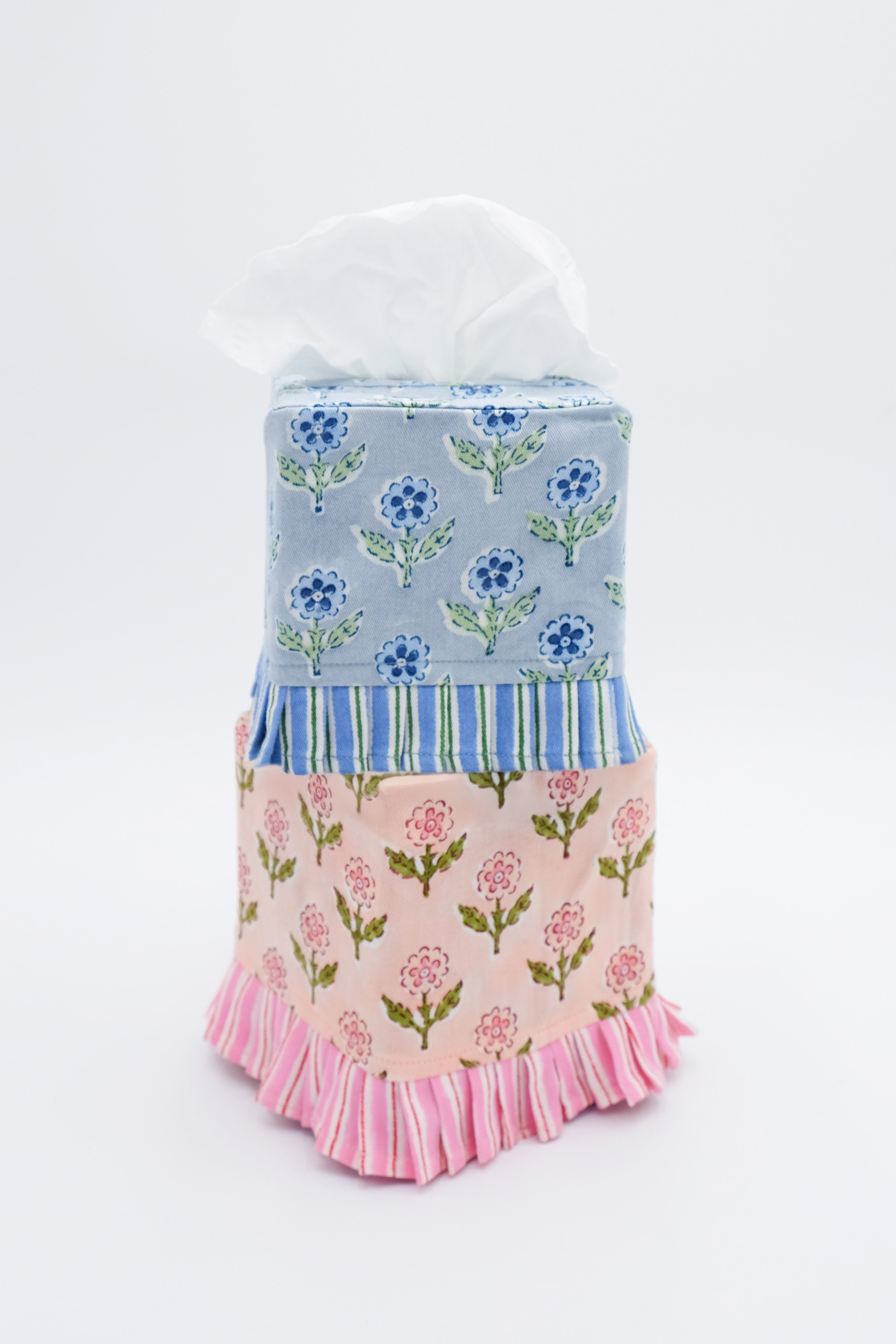 Ruffled Tissue Box Cover in Mona Pink Blockprint