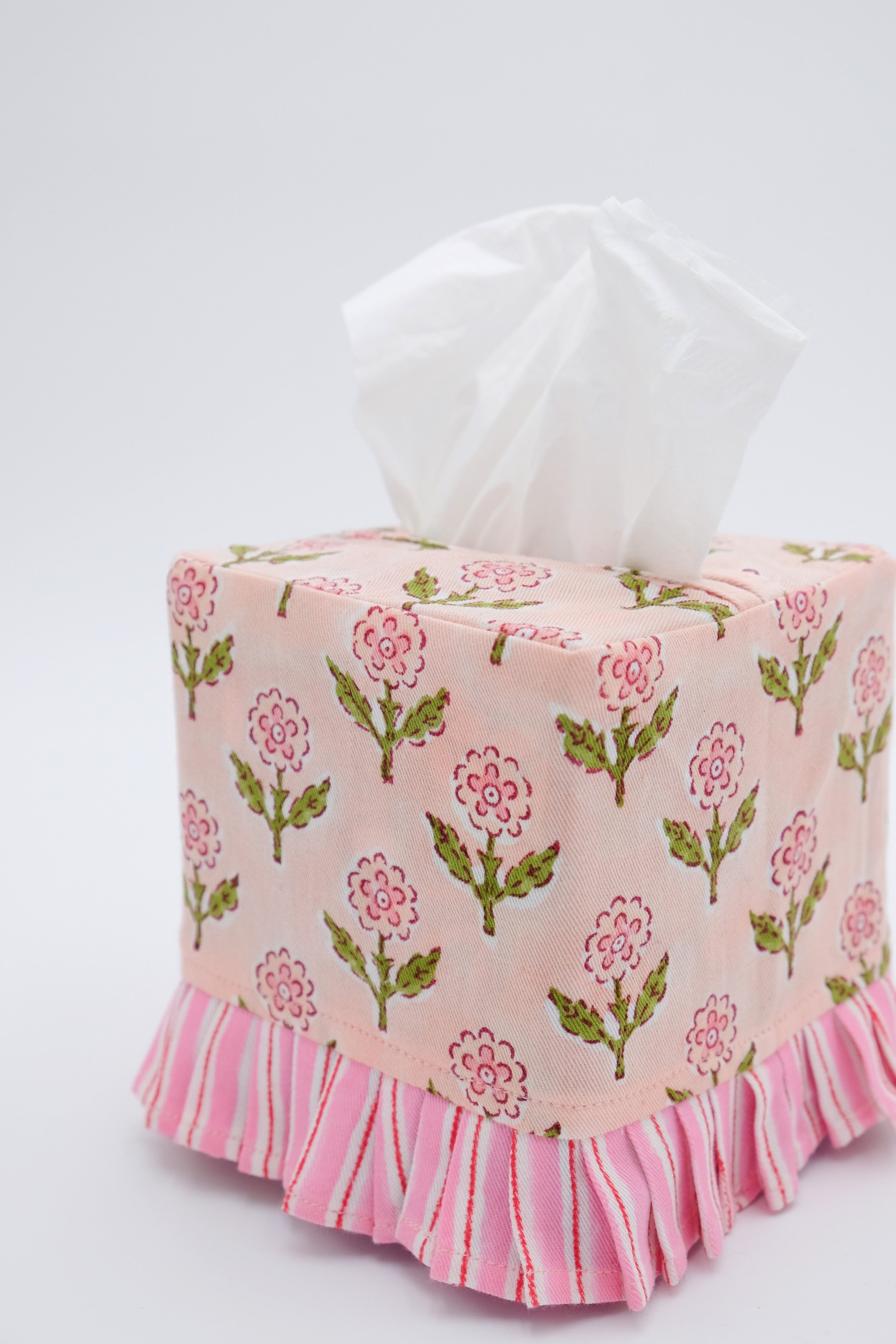 Ruffled Tissue Box Cover in Mona Pink Blockprint