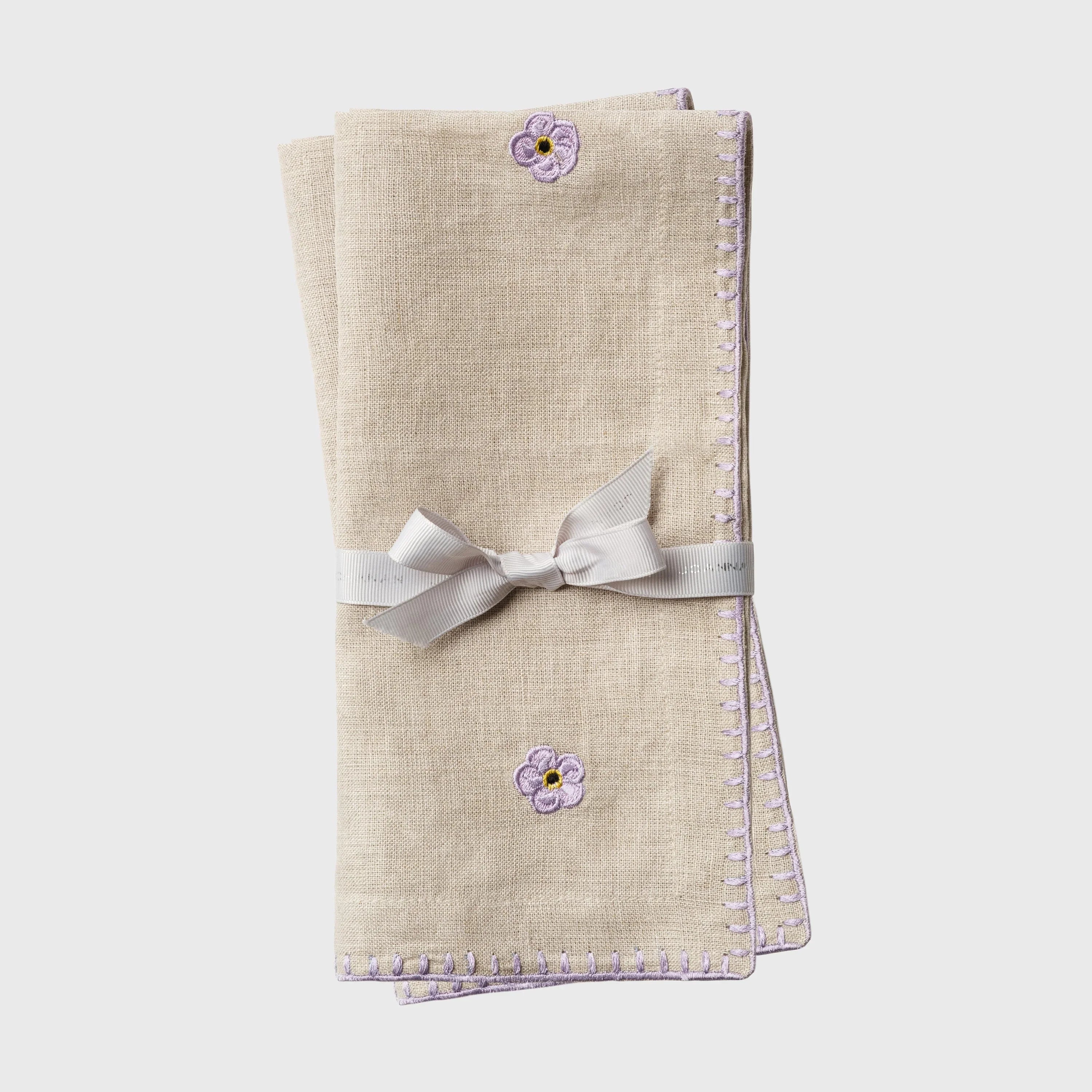 Violet embroidered dinner napkins, flax, set of two - The Mayfair Hall