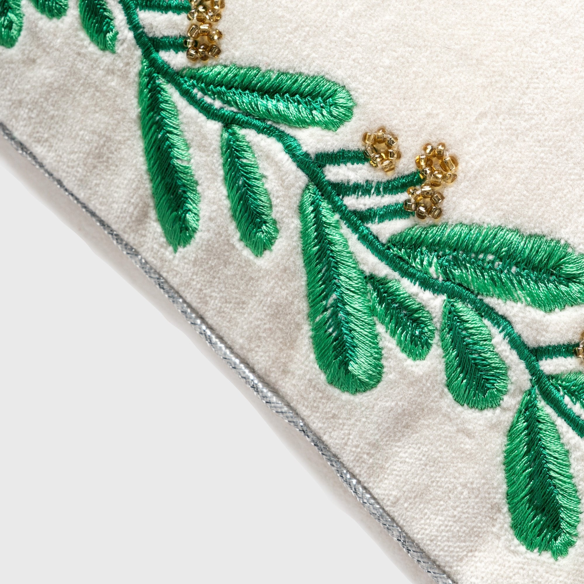 Embroidered border mistletoe pillow, cream cotton velvet