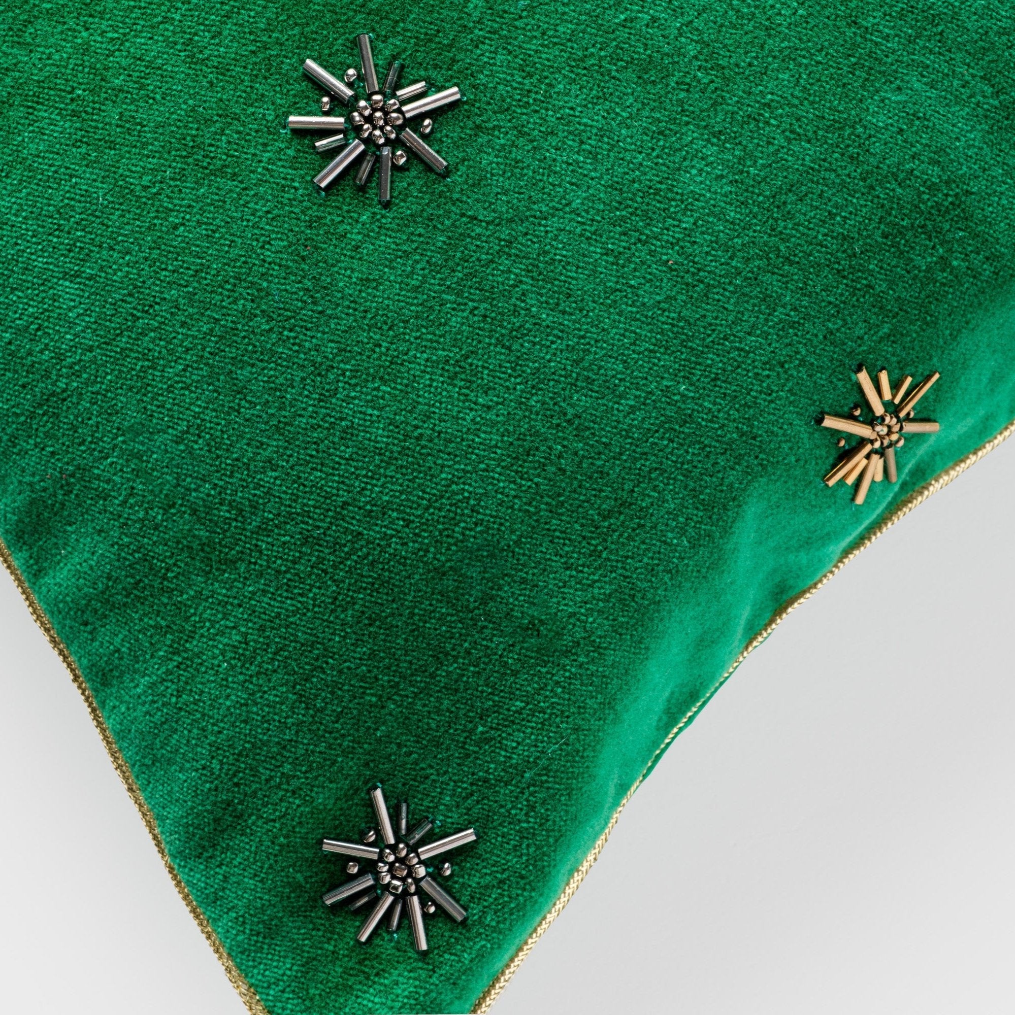 Embroidered star pillow, emerald green cotton velvet